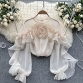 Ruffle Chiffon Blouse for Summer - Lantern Sleeve, Slim Fit, Loose Style - Vacation & Casual Fashion for Women